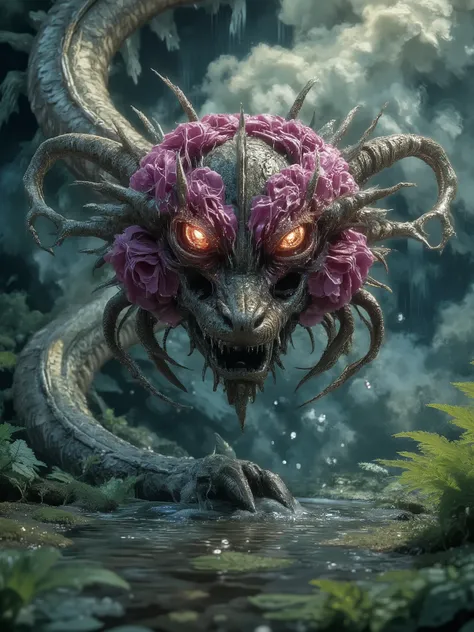 peonies, shadow demonic flower, demon aura, dark spell, spell patterns in the air, spell symbols, evil flower, nimbus dragon, Harajuku style 