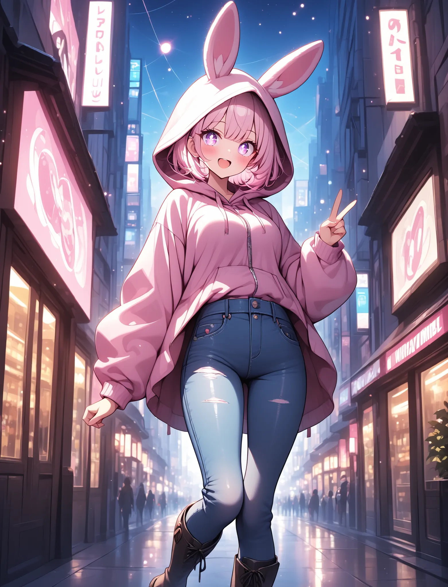 1 girl, violet eyes, light pink hair, short hair, cool, beautiful, medium breast, very cute, lovely, kawaii, 
 rabbit ear jacket, hood up, jeans, knee high boots, solo,detailled reflections of light, lights particules, detailled background, city, masterpie...