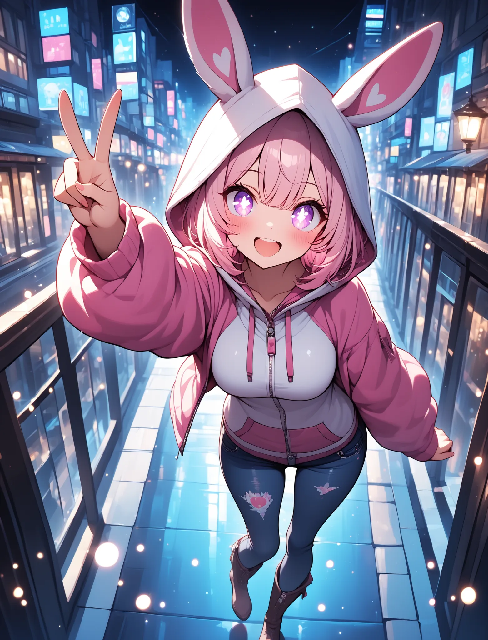 1 girl, violet eyes, light pink hair, short hair, cool, beautiful, medium breast, very cute, lovely, kawaii, 
 rabbit ear jacket, hood up, jeans, knee high boots, solo,detailled reflections of light, lights particules, detailled background, city, masterpie...