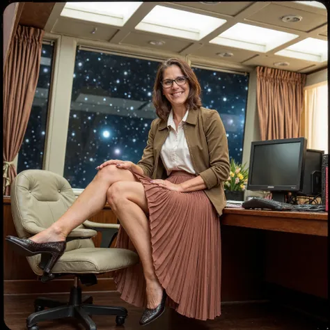  Soft focus captures a vintage aesthetic on 35mm film, reminiscent of Portra400 or Vision3 200T/500T. In a spaceship office, your therapist, who is a kind, mature lady sits on her desk surrounded by starry cosmos through large windows, showing her empathy ...