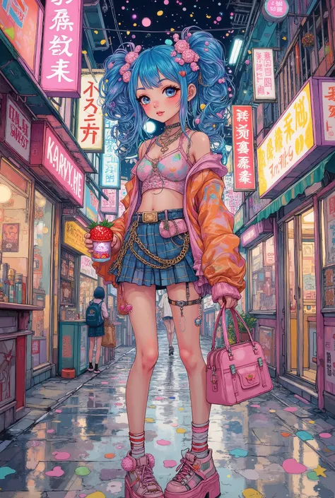 A girl in a bright Gyaru-Harajuku image stands against the background of neon signs in Tokyo, illuminated by pink-blue light. Her tanned skin is glowing, and her large, deliberately innocent eyes are accentuated by voluminous false eyelashes and shiny shad...
