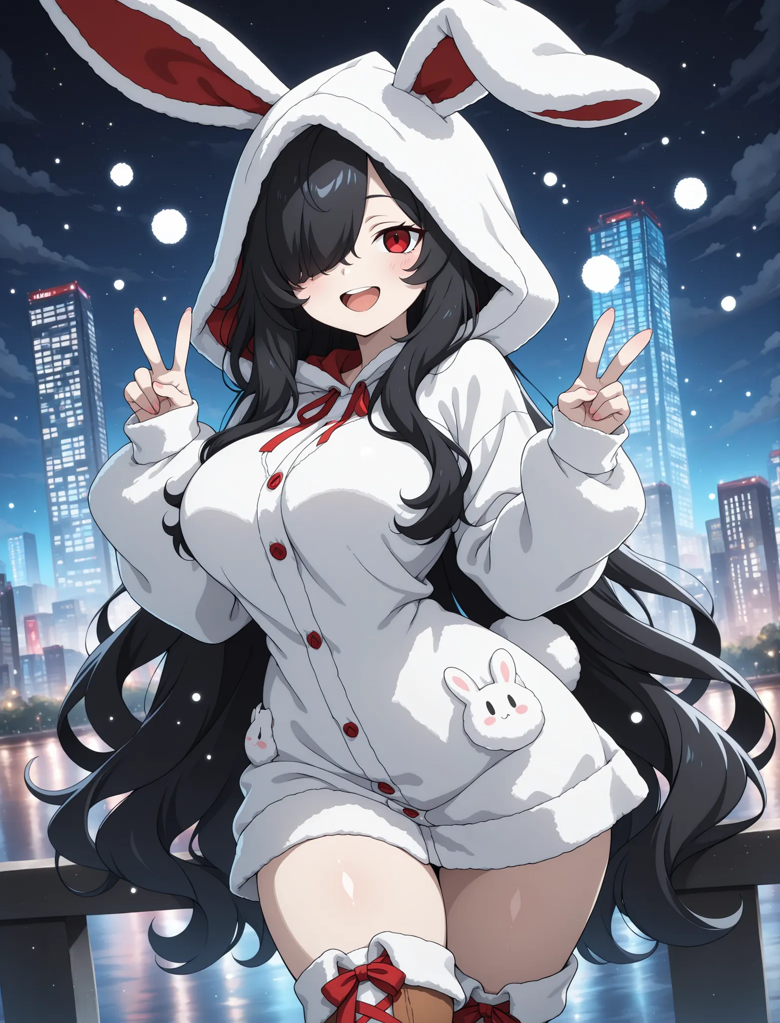 1girl, Kuroki Monika, black hair, very long hair, hair over right eye, red eyes, large breasts, (petite but curvy, very cute),
 rabbit ear dress, hood up, knee high boots, solo,detailled reflections of light, lights particules, detailled background, city, ...