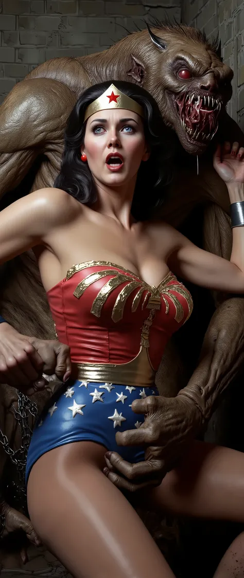 A gorgeous Wonder Woman wearing tight red and blue, dark black wavy hair that men covet , Beautiful and delicate eyes, striking facial features, sexy選美皇后体格,White skin,The expression is romantic and sexy, digital painting, Complex and detailed rendering , ...