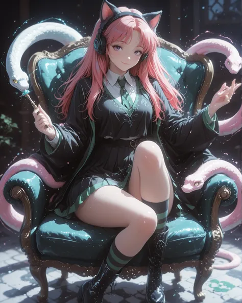  Masterpiece, detailed image, perfect human anatomy, perfect face, a beautiful woman (beautiful curves), with long red hair with pink tips and bright purple eyes (eyes rich in detail), (detailed eyes) with pink and orange ombré hair, wearing black headphon...