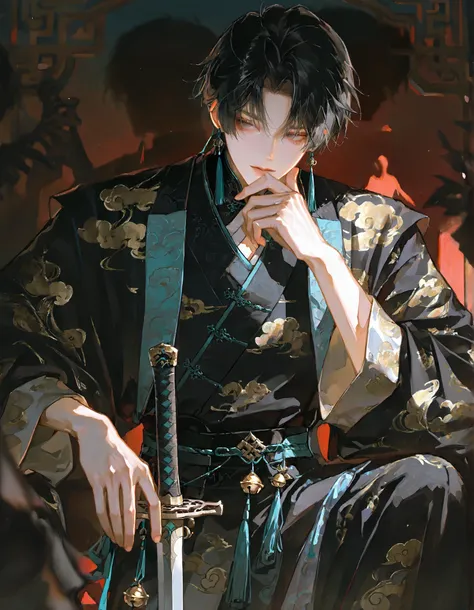 Handsome, 1 man holding a sword,at some point, short black hair, male-centric , Chinese-style clothing,tassel, Charming art, Wide Angle Print , beautiful hand on chin, Light and Shadow,ager surrounded by,short hair,bell earrings