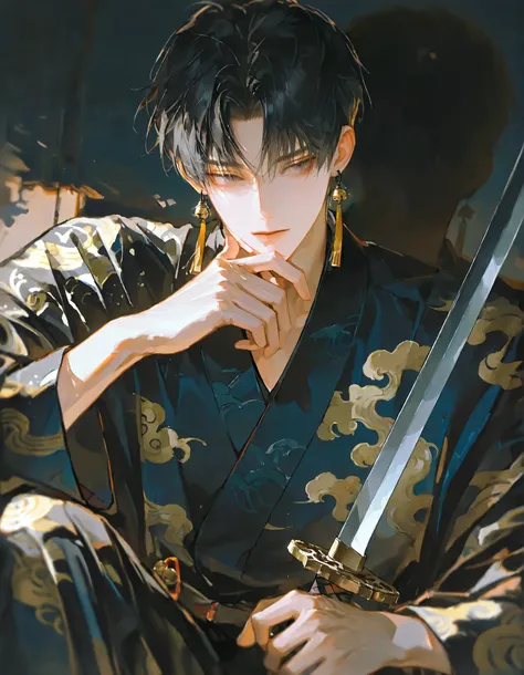 Handsome, 1 man holding a sword,at some point, short black hair, male-centric , Chinese windbreaker,ear, metaphorical art, wide angle print , beautiful hand on chin, light and shadow,Agag is enchanted by,short hair,bell earrings