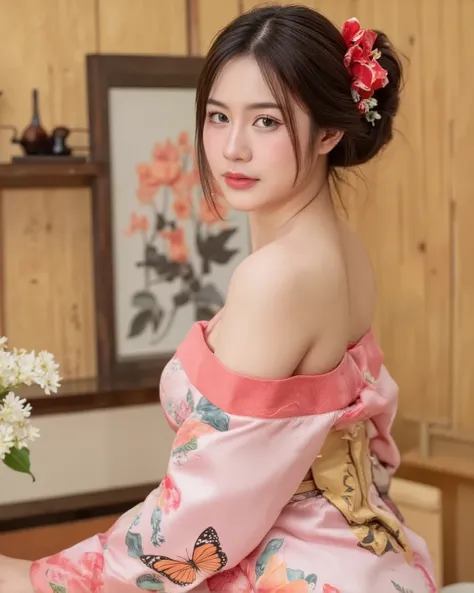 A high-resolution artistic portrait of a beautiful Asian woman in a modern-style kimono with bold floral and butterfly patterns. The kimono is luxuriously draped off one shoulder, revealing an elegant inner garment like a soft corset. Her posture is confid...