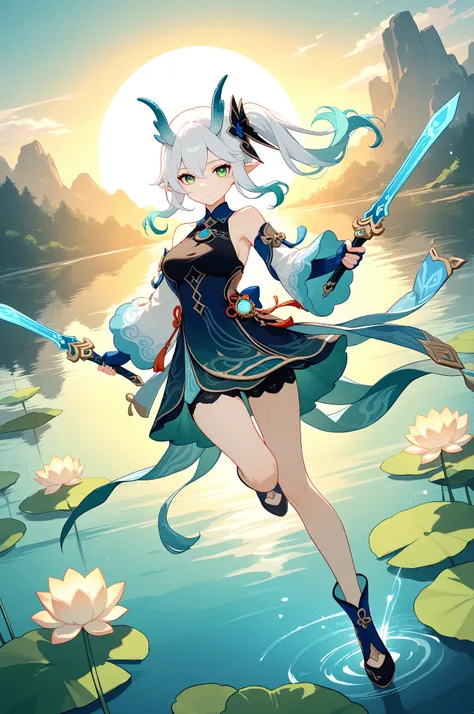 genshin impact, 1girl, green eyes, white hair, side ponytail, medium breasts, pointy ears, horns, dragon horns, hair flower, lotus, collared dress, black dress, short dress, detached sleeves, white sleeves, long sleeves, bare_shoulders, fingerless gloves, blue gloves, hydro vision (genshin impact), solo, close-up, full body, looking at viewer, expressionless, holding knifes, dual wielding, transparent background, white background, lake, sunset, (dynamic pose), (white, blue), ((green)),