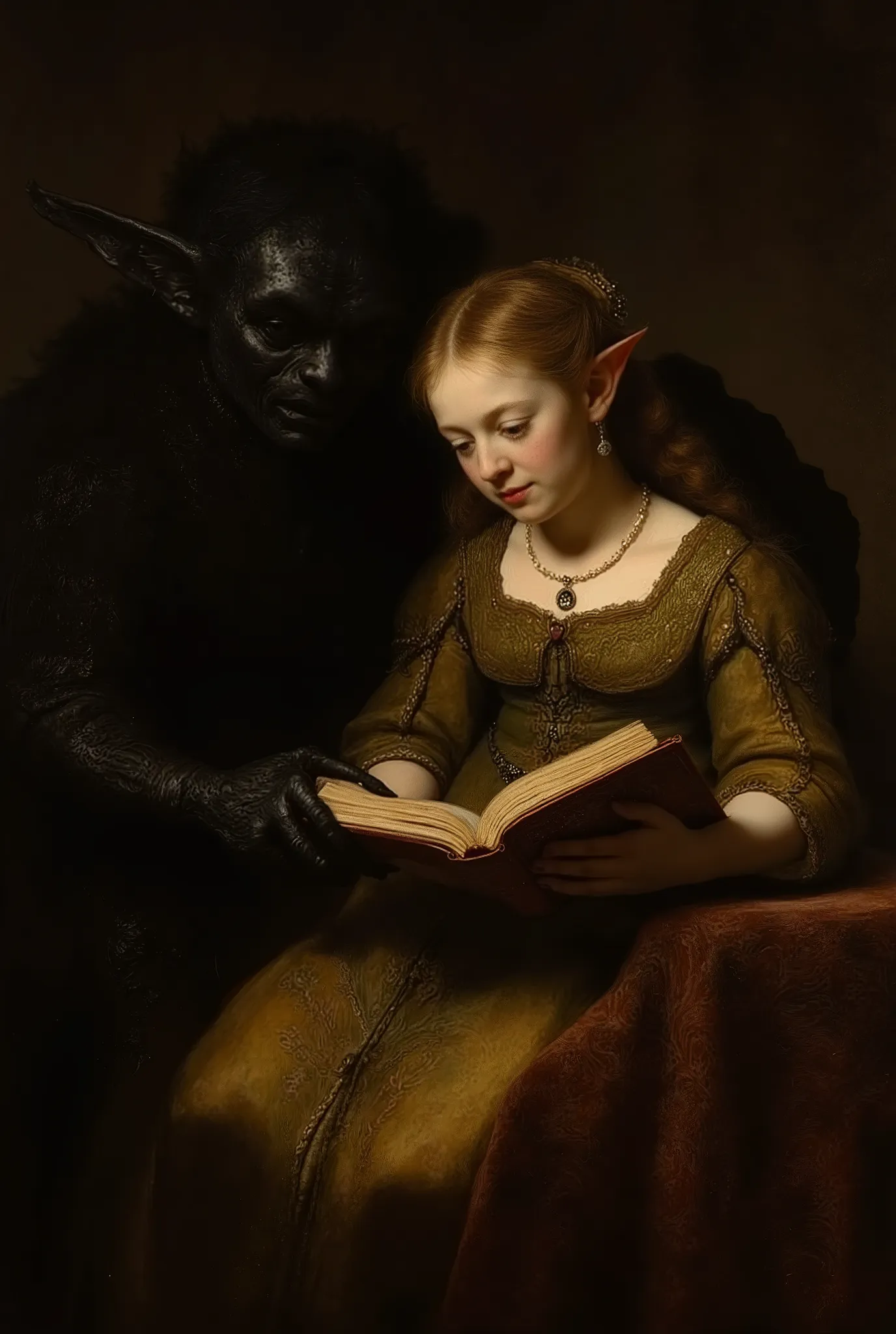 Masterpiece, high quality, Oil Painting, a young  elf princess and her dark monster reading a book together. Masterpiece, intricate lines, intriguing atmosphere, sharp magnificent details, delicate features, elaborate details, (2\3 rule composition:0.5), u...