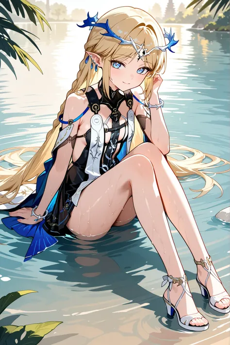 (best quality),(masterpiece),(ultra detailed),cartethyia_\(wuthering_waves\),blue eyes,long hair,jewelry,pointy ears,blonde hair,braid,bare legs,bracelet,very long hair,sidelocks,
BREAK
earrings,dress,bare shoulders,high heels,strappy heels,tiara,black dre...