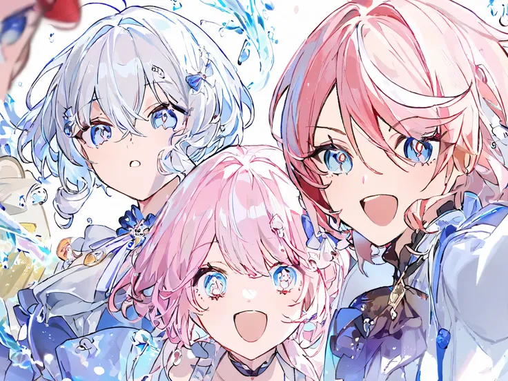 Very detailed,( Highest quality ),((Masterpiece)),(high resolution),originally,Very detailed8K壁紙,(very delicate and beautiful),animation in the shopping district, (\Juninna \), water drop shaped pupils ,white background, girl with light pink hair, Girl wit...
