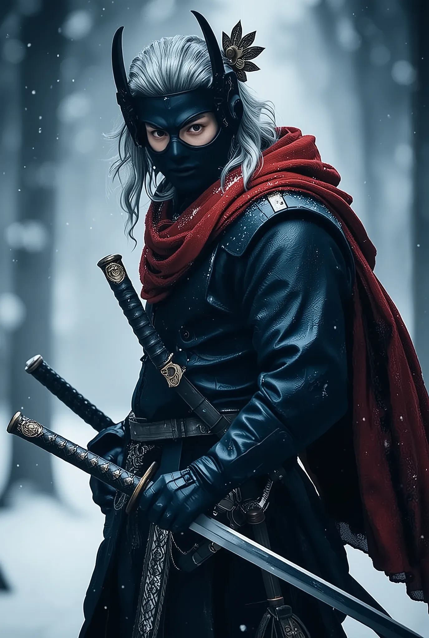 blue and silver-haired swordman wearing a black mask and vibrant red scarf, fullbody standing in the blizzard, in the style of Yusuke Kozaki, Japanese anime art