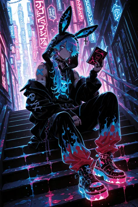 neon art, neon lineart, colorful neon lineart, neon silhouette, silhouette, neon colors, glowing, glow effect, bright outlines, vibrant colors, high contrast, dark background, digital art, anime screencap, 1boy, male focus, blue eyes, water hair, liquid hair, ((blue hair)), long hair, ponytail, low ponytail, bangs, muscular, handsome, sexy man, cool, stylish, hair over shoulder, (colorful:1.5), gothic fashion, emo fashion, decora, neon palette, pastel colors, ear piercings, cross earrings, black choker, skull ornaments, cross ornaments, hair ornament, rings, multiple rings, hand warmers, rabbit ear jacket, sleeveless hoodie, hood up, rabbit ears hoodie, hood with rabbit ears, long jacket, off-shoulders jacket, layered clothes, collared shirt, patterned clothes, striped clothes, stickers, black band aids, face tattoos, neck tattoos, neck bandage, chain belt, buckles, multiple belts, loose pants, torn pants, neon shoes, studded shoes, platform shoes, solo, nonchalant, closed mouth, looking at viewer, (book (object), holding book), (beckoning, one hand up), dynamic angle, side view, sitting on stairs, dynamic pose, city, (white, black), (((red))),