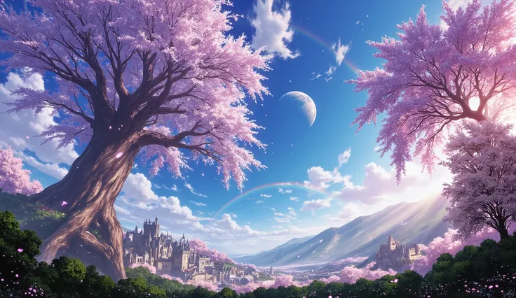 (( Astonishingly )),(Masterpiece:1.2),超High resolution, Attention to detail, high quality, High resolution, 最high quality, 4k, 8K、 very beautiful、a big fantasy tree and heavenly、landscape、Sky blue and infinite pink、A rainbow appears、There are a lot of beau...