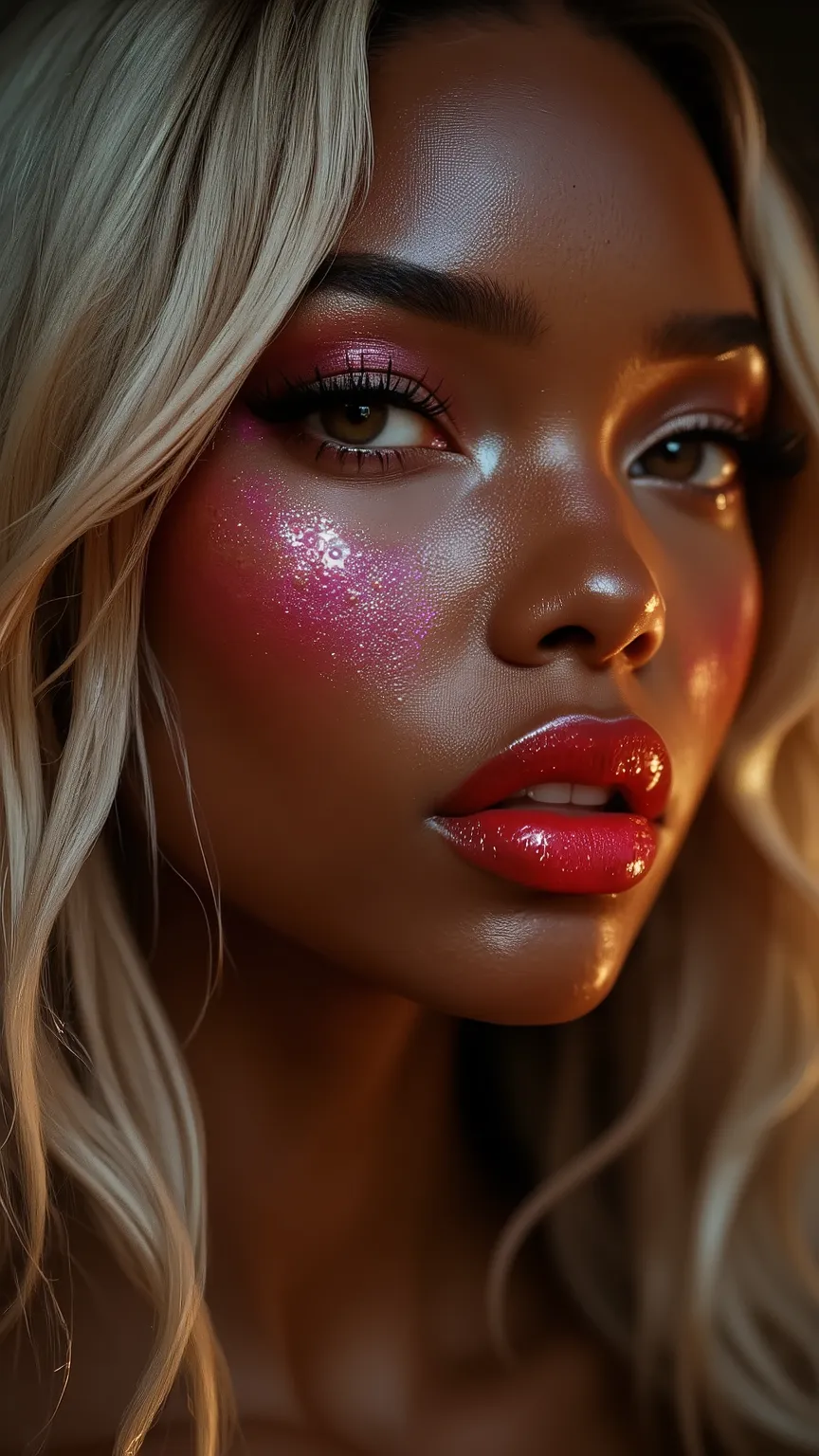 High quality, realistic photo. 128k image. one africain black woman with long natural blonde hair, glowing lipstick, big lips pouty meaty full lips, two-tone lipstick, red lipstick paints her upper lip, pink lipstick paints her lower lip, shiny irises, dri...