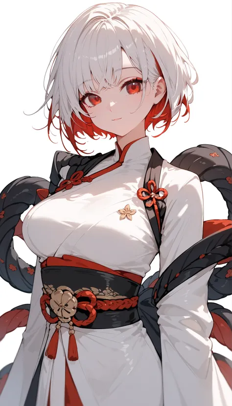 girl,White hair,beautiful face,Kimono, personal illustration 、Short hair, Villain , multi colour hair,red hair,in red eyes,white coat of arms,long sleeve kimono,big breasts,slim,cute,white background