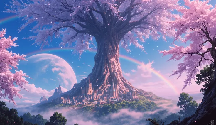 (( Astonishingly )),(Masterpiece:1.2),超High resolution, Attention to detail, high quality, High resolution, 最high quality, 4k, 8K、 very beautiful、a big fantasy tree and heavenly、landscape、Sky blue and infinite pink、A rainbow appears、There are a lot of beau...