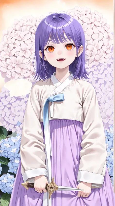 very aesthetic, 걸작, 고해상도, 8k 해상도, high contrast, (semi-realistic), newest, koreanai, best_quality, finely_detailed_eyes_and_detailed_face, (1 girl), (young girl, small girl, , , short_height:1.4), orange_eyes, purple_hair, medium_hair,slicked_side, hanbok,...