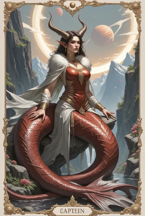 A powerful and elegant personification of the Capricorn zodiac sign (♑), depicted as a mystical woman seated atop a sharp, ancient rock formation. She is the embodiment of the Earth element — grounded, wise, and unshakable. Her long, graceful body transfor...
