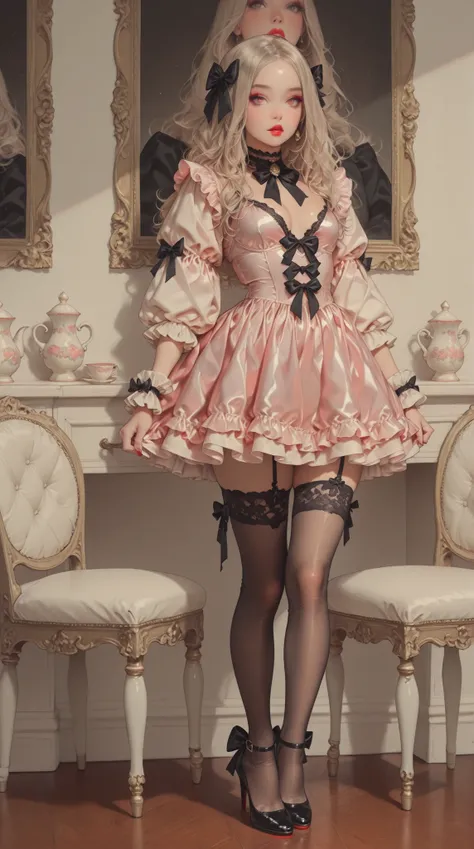 ultra-realistic full-body portrait of an elegant doll-like woman standing gracefully in a softly lit boudoir room, wearing a glossy pastel pink satin dress with long puffed sleeves, high neck, frilled cuffs, and a ruffled hem, black satin ribbon bow at the...