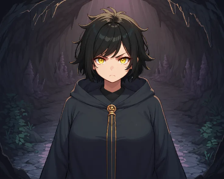 score_9, score_8_up, score_7_up, source_anime, 1girl, solo, pixel art, , BREAK
Short hair, black hair, swept bangs, yellow eyes, emotionless eyes, medium breasts, messy hair BREAK
Black cloak, hood up, wide sleeves BREAK
Looking at viewer, holding st...