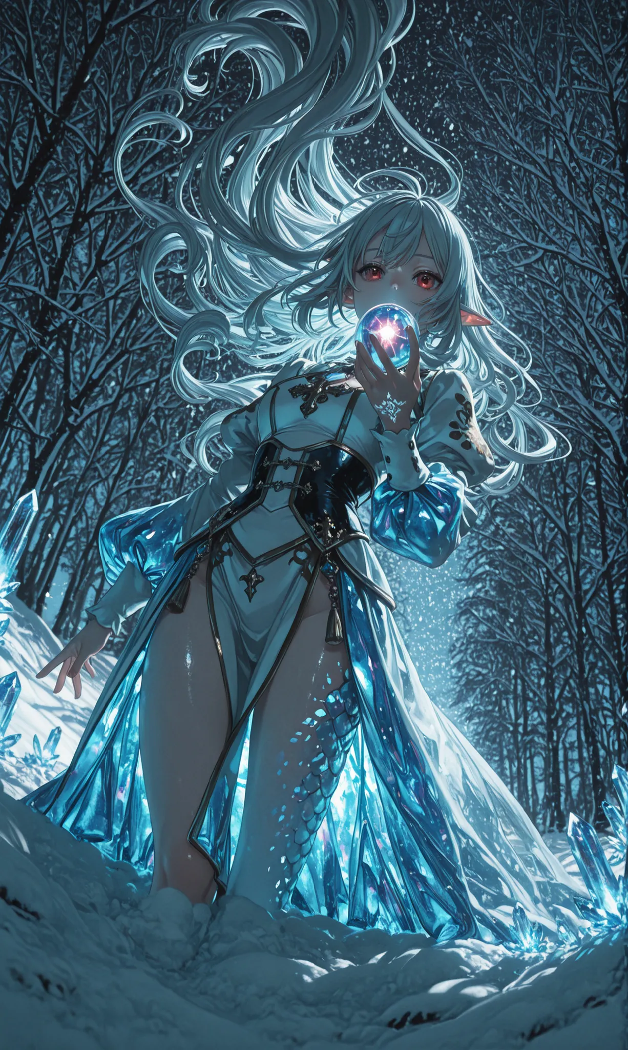 surrealistic anime 3D art image of an high priest elf lie down on a pearl clamp,with shiny, silver hair , iridescent red eyes, dark, royal regalia outfit,flowing hair,hold a luminescent magic orb, ivory bare skin,mantra tattoo all over the body,body line, ...