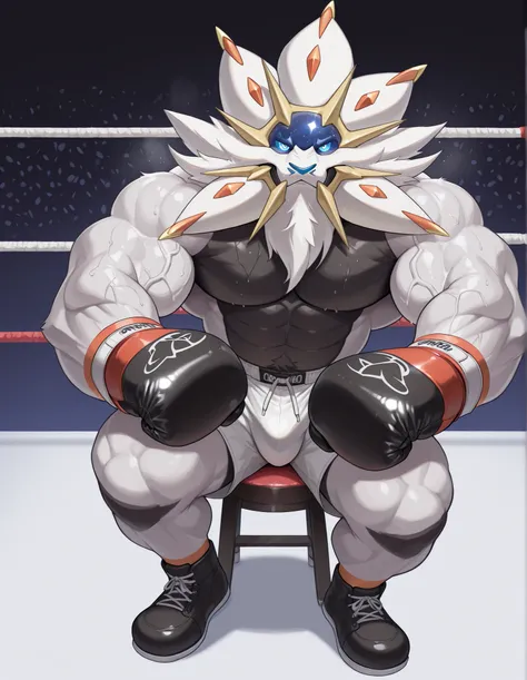 Solgaleo, anthro male, high quality, full body, looking at viewer, solo, boxing ring background, red boxing gloves, thick very veiny arms, rugged muscles with protruding veins, white boxing shorts, black boxing shoes, heavyweight boxing champion, glistenin...