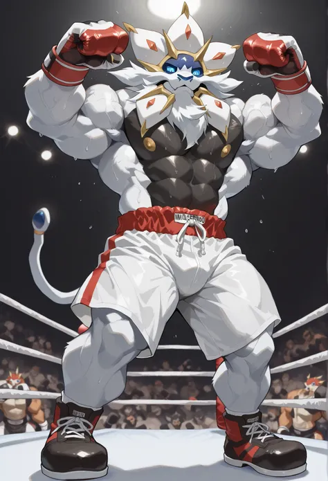 4K, masterpiece quality, pov_boxing, Looking down on the losers with brutal triumph, black boxing shoes, red boxing gloves, white boxing trunks with red side lines, full body, depth of field, boxing, dynamic victory pose, fist pump pose, boxing ring backgr...