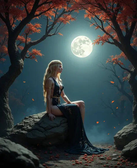 High-contrast ultra realistic photo, sharp details, showing QMarika sitting gracefully on a twisted rock , great breast , . QMarika's golden hair reflect the eerie light of the full moon, which dominates the misty, night sky. Surrounding the scene are anci...