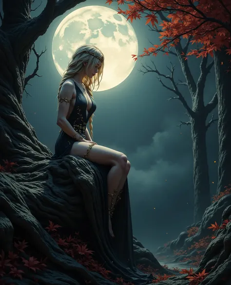 High-contrast ultra realistic photo, sharp details, showing QMarika sitting gracefully on a twisted rock , great breast , . QMarika's golden hair reflect the eerie light of the full moon, which dominates the misty, night sky. Surrounding the scene are anci...