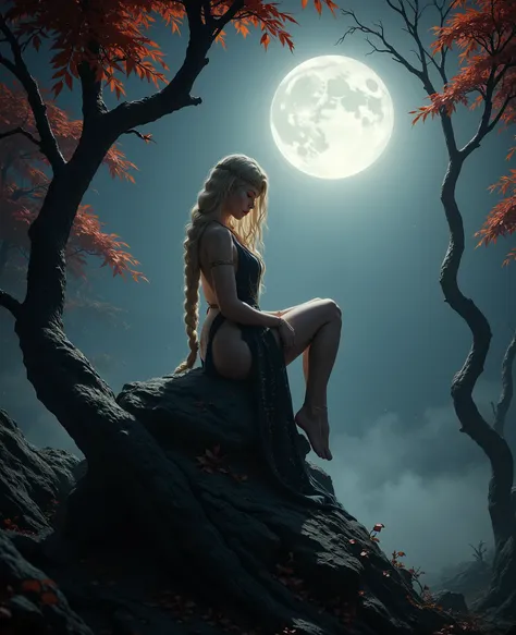 High-contrast ultra realistic photo, sharp details, showing QMarika sitting gracefully on a twisted rock , great breast , . QMarika's golden hair reflect the eerie light of the full moon, which dominates the misty, night sky. Surrounding the scene are anci...