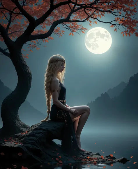 High-contrast ultra realistic photo, sharp details, showing QMarika sitting gracefully on a twisted rock , great breast , . QMarika's golden hair reflect the eerie light of the full moon, which dominates the misty, night sky. Surrounding the scene are anci...