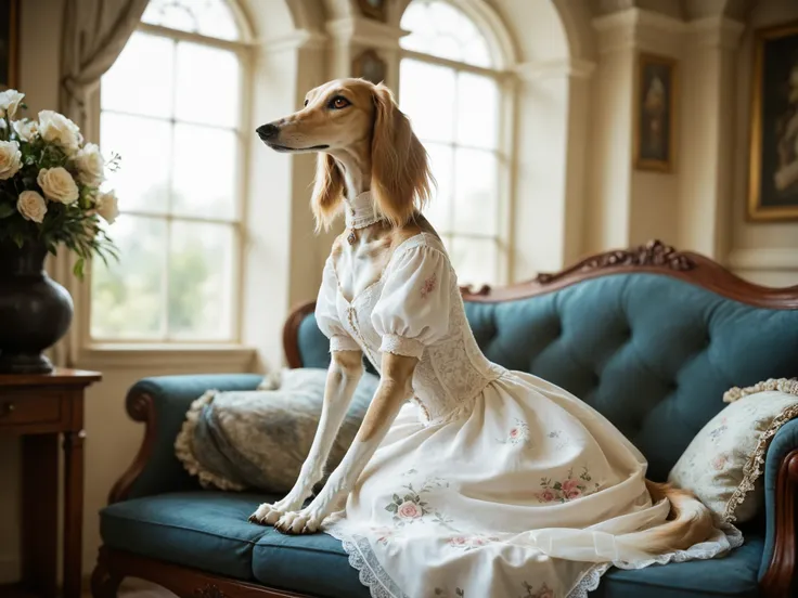 girl sitting in a blue recliner in a white dress stained red, around her are ten saluki sighthounds. Set against a Victorian backdrop that is covered in decaying floral wallpaper. saluki, greyhound, borzoi, sighthound, beautiful eyes, golden eyes, paws