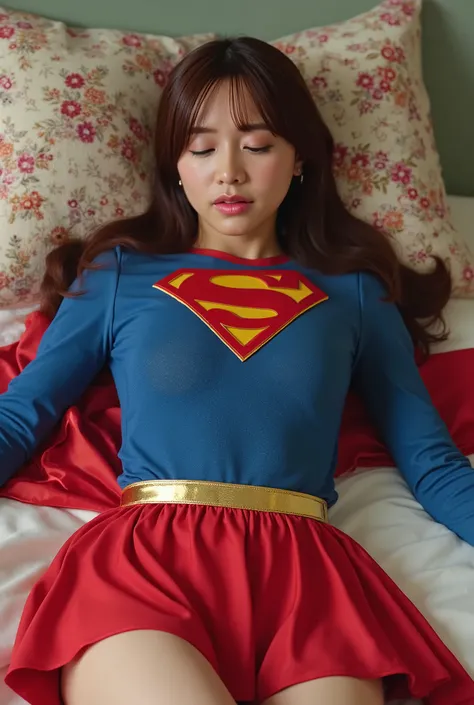 Mori Kasumi as supergirl、sexy and adorable beauty Mori Kasumi with long brown hair, She is wearing long-sleeved blue tight-fitting clothes, In the chest "S" emblem、Gold trim on sleeves, short pleated red skirt with a gold supergirl belt, tall red boots wit...