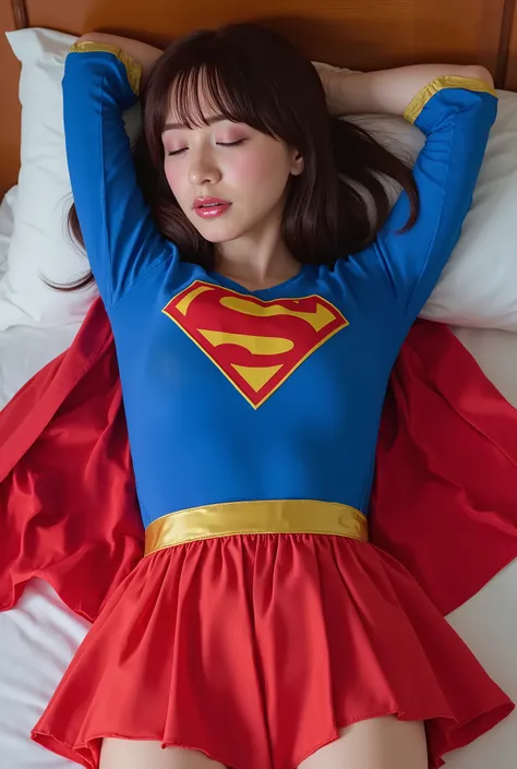Mori Kasumi as supergirl、sexy and adorable beauty Mori Kasumi with long brown hair, She is wearing long-sleeved blue tight-fitting clothes, In the chest "S" emblem、Gold trim on sleeves, short pleated red skirt with a gold supergirl belt, tall red boots wit...