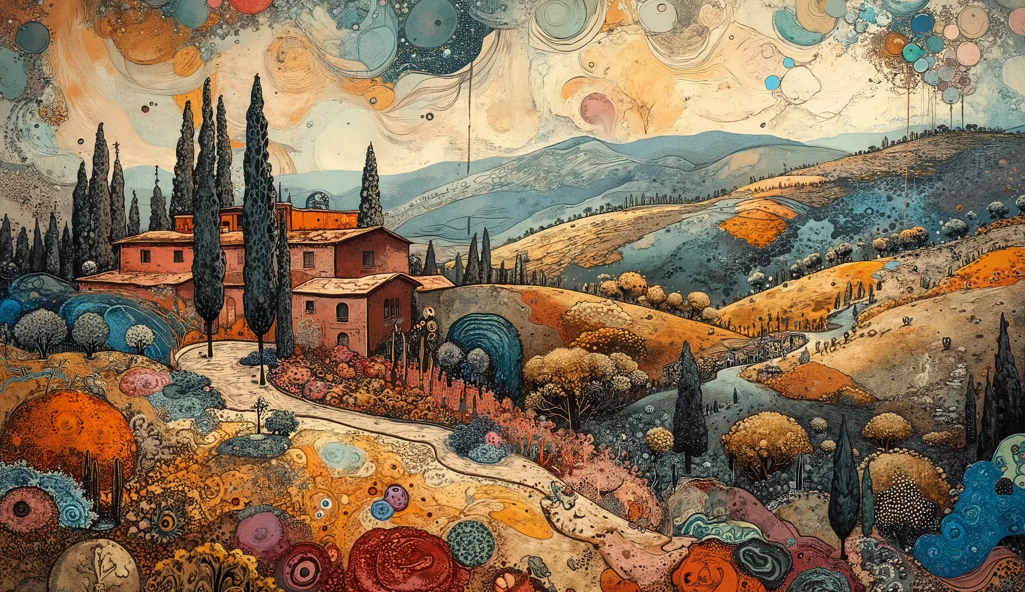 Whimsical and surreal Tuscan landscape with flowing Mandelbrot fractal patterns, winding cypress-lined paths, and a secluded terracotta villa nestled among rolling hills. Richly textured acrylic ink and charcoal zentangle-style line art, blending Amanda Cl...