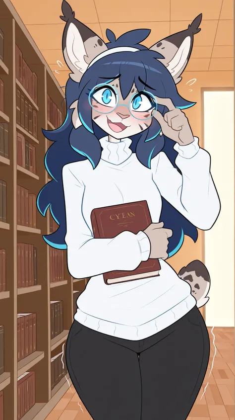 masterpiece, best quality, amazing quality, very aesthetic, high resolution, ultra-detailed, absurdres, newest, scenery, 1girl, lynx, furry female, blue eyes, blue hair (cyan highlights), messy hair, long hair, (19-year-old girl), open mouth, looking at th...