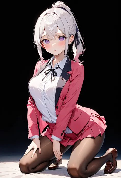 8k、Young face、beautiful girl leaning forward、on all fours、on all fours、ponytailヘアー、sbg,breast grab,breast lift、、Underboob、、shocking pink bra、shocking pink panties、Light silver hair、ponytailヘアー、 pale purple eyes ,、Young face、small bust 、Light silver hair、 p...