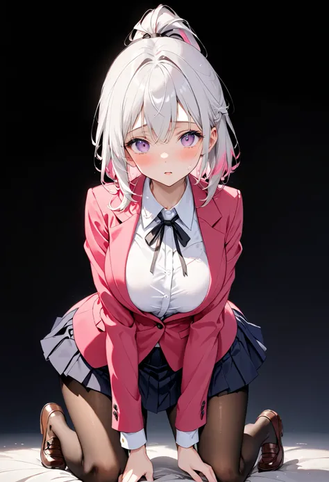 8k、Young face、beautiful girl leaning forward、on all fours、on all fours、ponytailヘアー、sbg,breast grab,breast lift、、Underboob、、shocking pink bra、shocking pink panties、Light silver hair、ponytailヘアー、 pale purple eyes ,、Young face、small bust 、Light silver hair、 p...