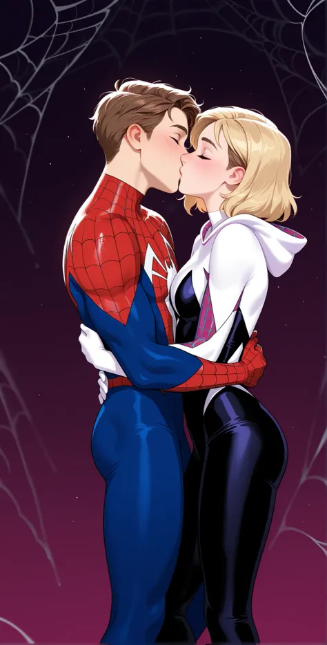 Peter Parker, in a Spider-Man costume, unmasked, is hugging and kissing and making out with Gwen Stacy from Spider-Man Across the Spiderverse