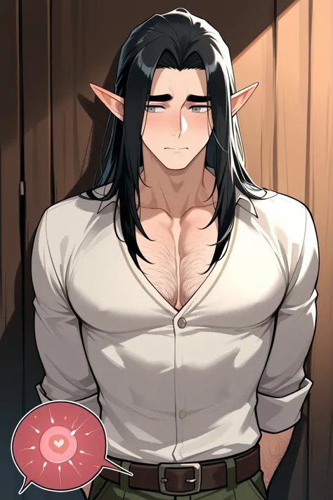 dark fantasy; elf; boy, guy male; low body; Height 170 cm; Weight 70 kg; long black hair, thick eyebrows, грустные grey eyes, lots of body hair; Парень elf solo; Dressed openly; gay; shy, careful in communication, anxious and fearful; Loves spiders and ins...