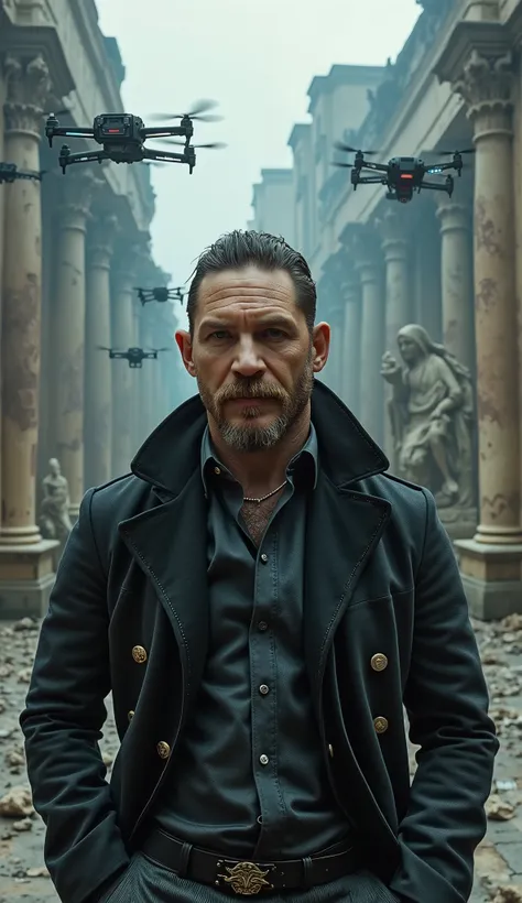 Faça Tom Hardy hiperrealista e smoking jacket cinza e preto, upper body: Ancient City Resurrected by AI Ruins of a Forgotten Civilization Come to Life with Holograms and Pulsating Technology. Broken statues float, repaired by drones that restore old memori...