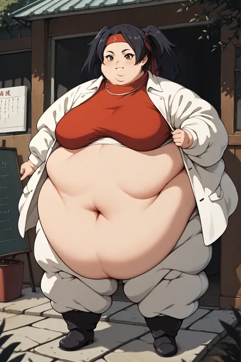 masterpiece, best quality, score_9, score_8_up, score_7_up, score_6_up, outdoors, 1girl, haylin, black hair, brown eyes, long hair, twin tails, female focus, solo, white jacket, white pants, headband, short hair, smile, black footwear, coat, crop top, midr...