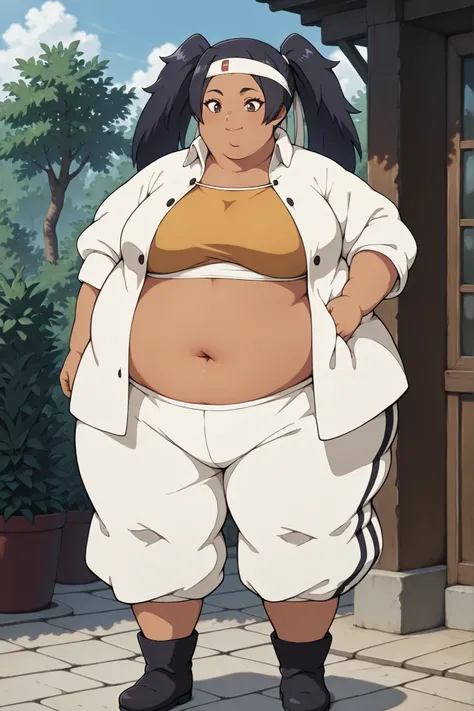 masterpiece, best quality, score_9, score_8_up, score_7_up, score_6_up, outdoors, 1girl, haylin, black hair, brown eyes, long hair, twin tails, dark skin, female focus, solo, white jacket, white pants, headband, short hair, smile, black footwear, coat, cro...