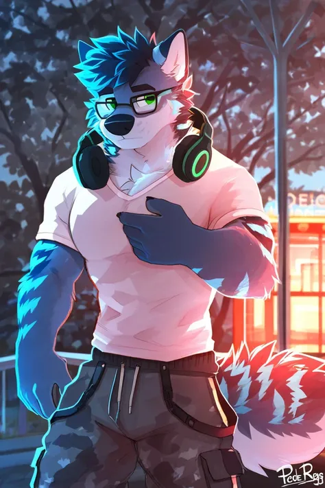 lobo, Male, Alone, detailed face,  detailed body, detailed hands,  defined pectorals ,  Green eyes,  jogger pants,  CASUAL T-SHIRT , short hair, eyeglasses, with headphones, relaxed pose , With hair, by Pache Riggs, in a lush park