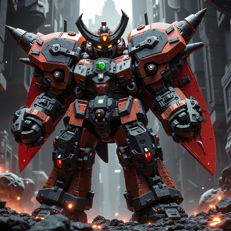 A colossal humanoid mecha radiating an ultimate final boss aura. Its complex head armor showcases a cold, steel humanoid face with intensely glowing eyes. It wears full-coverage, heavy shoulder pauldrons, and similarly designed formidable wrist gauntlets a...