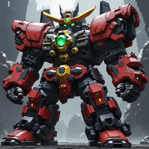 A colossal humanoid mecha radiating an ultimate final boss aura. Its complex head armor showcases a cold, steel humanoid face with intensely glowing eyes. It wears full-coverage, heavy shoulder pauldrons, and similarly designed formidable wrist gauntlets a...