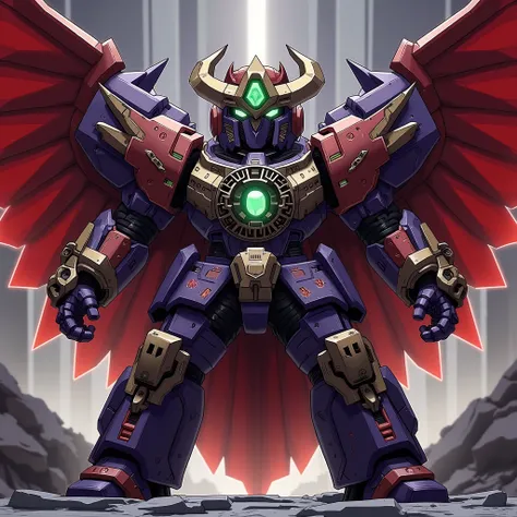 Epic portrayal of a gargantuan humanoid mecha, emanating an overwhelming final boss aura. Complex, baroque-style head armor reveals a stoic, metallic face with blazing eyes. Its form is encased in thick, multi-layered composite armor, a fusion of bio-mecha...