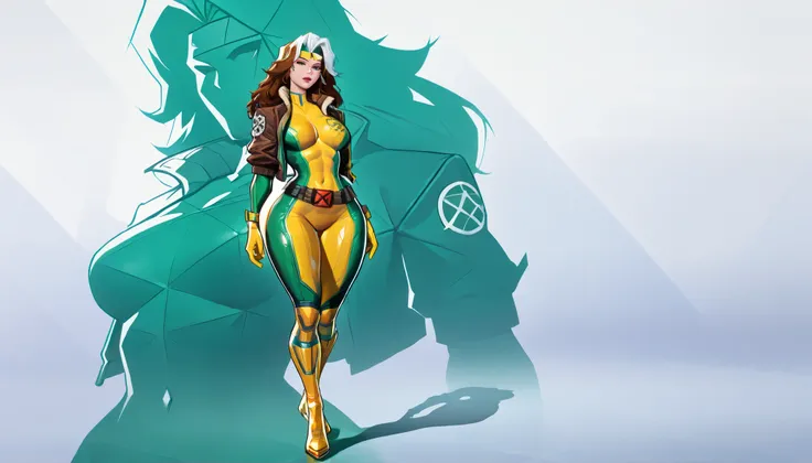  MarvelRivals, semi realistic, cartoon, highres, full body shot,, standing, standing on the right of the image, she's on the right side of the image, front view,,rogue, rogueSDXL,1girl,solo,long hair,looking at viewer,brown hair,gloves,green eyes,jacket,wh...