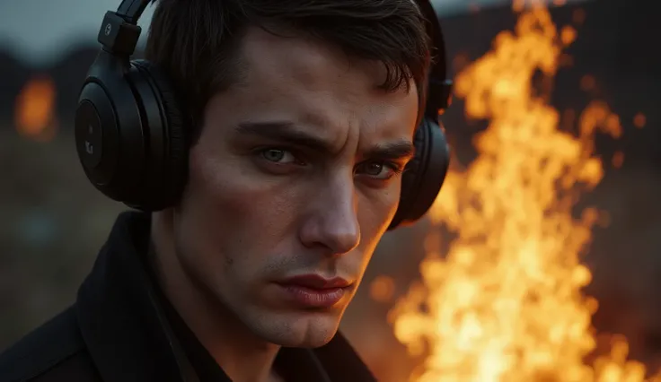 Close-up of a handsome, MYSTERIOUS AND SINISTER short-haired man stands in front of a fire with black headphones, burning, worried and sinister face